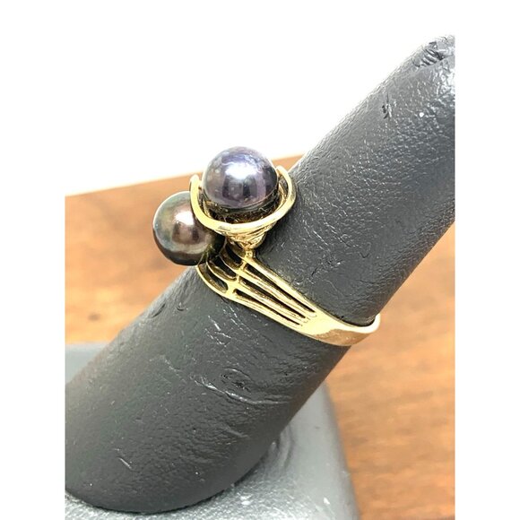 Black Purple Pearl Cocktail Ring 14k Yellow Gold Estate Jewelry Women's Size 6.5 - Picture 8 of 15
